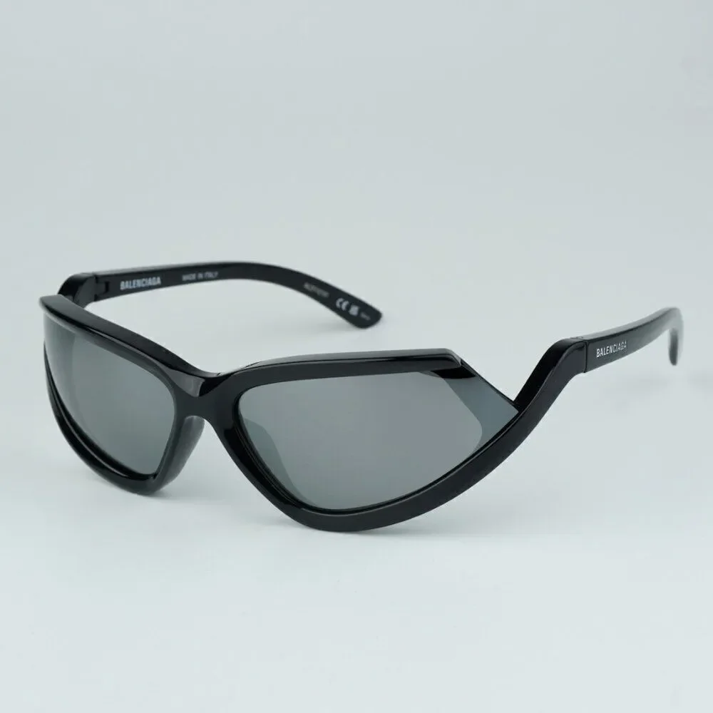 NEW Balenciaga BB0289S 001 Black Silver Mirror Wraparound Unisex Sunglasses